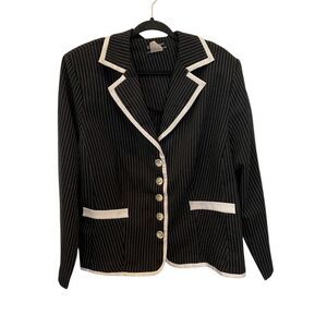 Spago Collection Blazer Jacket Black Pin Stripe Womens White Trim‎ Long Sleeve